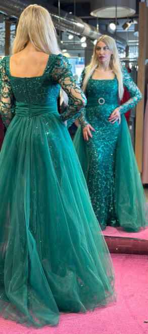 Petrol Blue Long Sleeve Straight Cut Glitter Long Evening Dress 7363 - 5