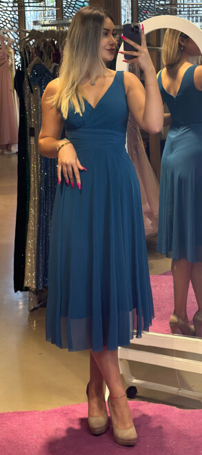 Petrol Blue Thick Strap Flared Skirt Lycra Midi Evening Dress 7240 - abiyeniall