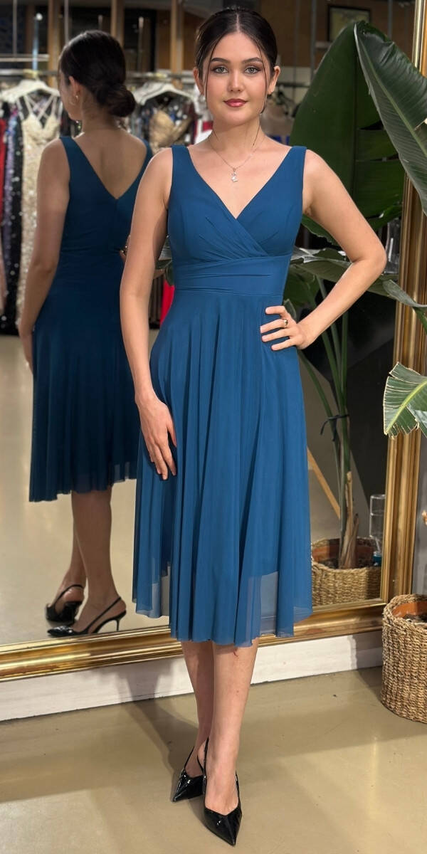 Petrol Blue Thick Strap Flared Skirt Lycra Midi Evening Dress 7240 - 1