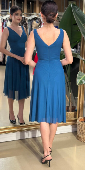 Petrol Blue Thick Strap Flared Skirt Lycra Midi Evening Dress 7240 - 2