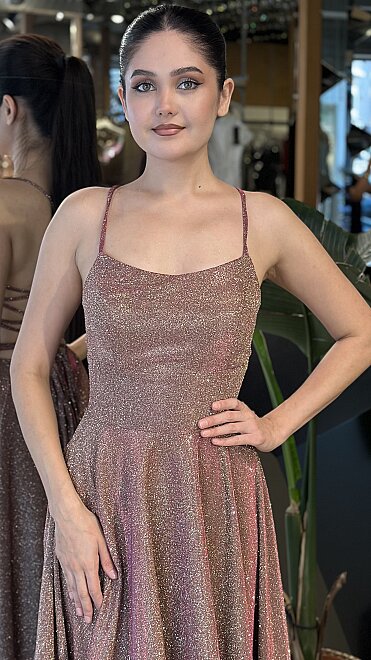 Pink Spaghetti Strap Low-Cut Back Flared Skirt Glitter Long Evening Dress 7601 - 3