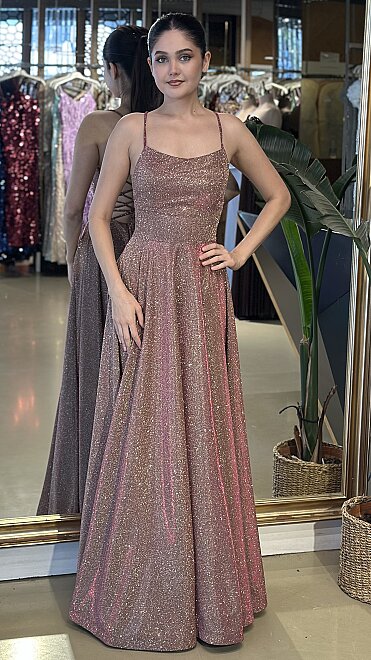 Pink Spaghetti Strap Low-Cut Back Flared Skirt Glitter Long Evening Dress 7601 - abiyeniall