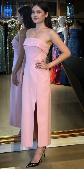 Pink Strapless Neckline Slit Straight Cut Crepe Midi Evening Dress 7692 - 2