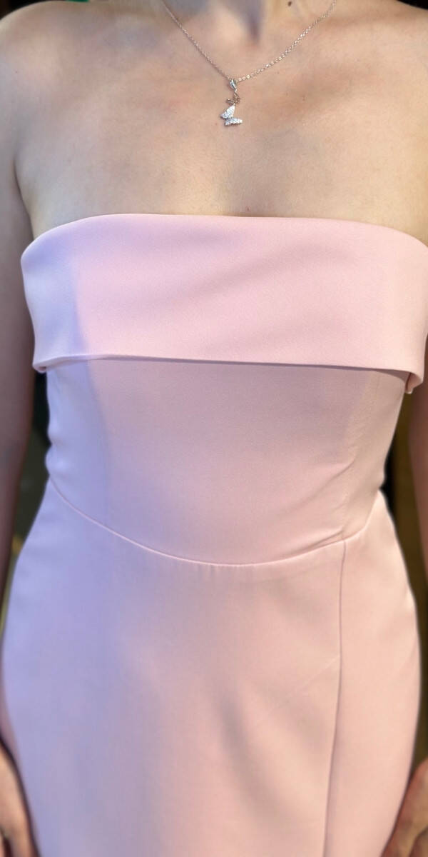 Pink Strapless Neckline Slit Straight Cut Crepe Midi Evening Dress 7692 - 4