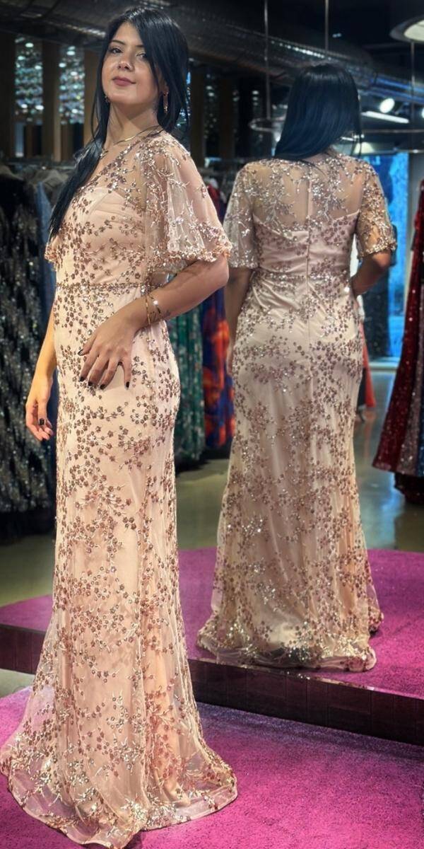 Powder Short Sleeve Straight Cut Glitter Long Evening Dress 6779 - 3