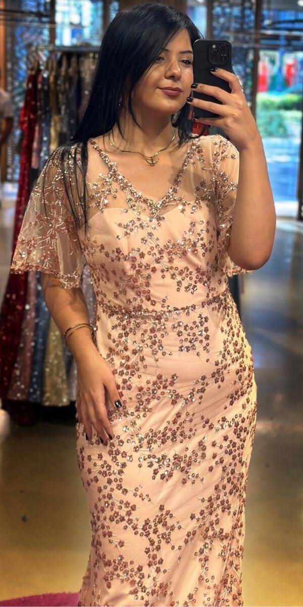 Powder Short Sleeve Straight Cut Glitter Long Evening Dress 6779 - 2