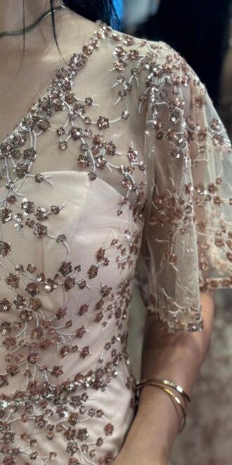 Powder Short Sleeve Straight Cut Glitter Long Evening Dress 6779 - 4