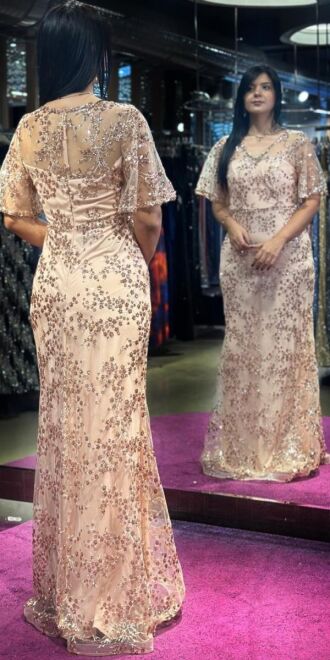 Powder Short Sleeve Straight Cut Glitter Long Evening Dress 6779 - 5