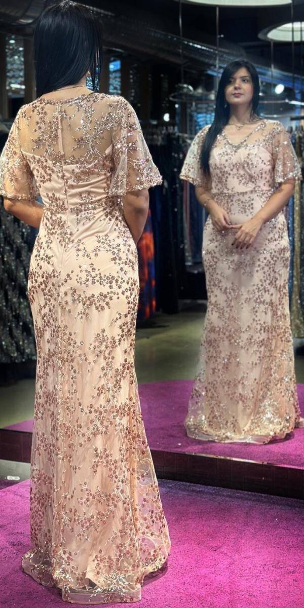 Powder Short Sleeve Straight Cut Glitter Long Evening Dress 6779 - 5