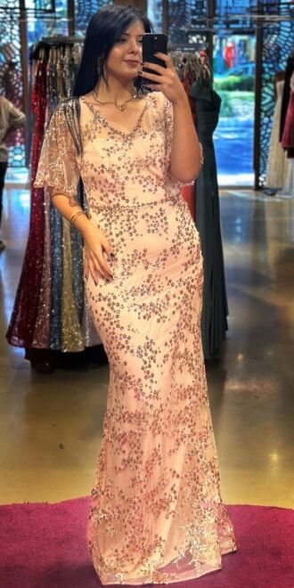 Powder Short Sleeve Straight Cut Glitter Long Evening Dress 6779 - 1