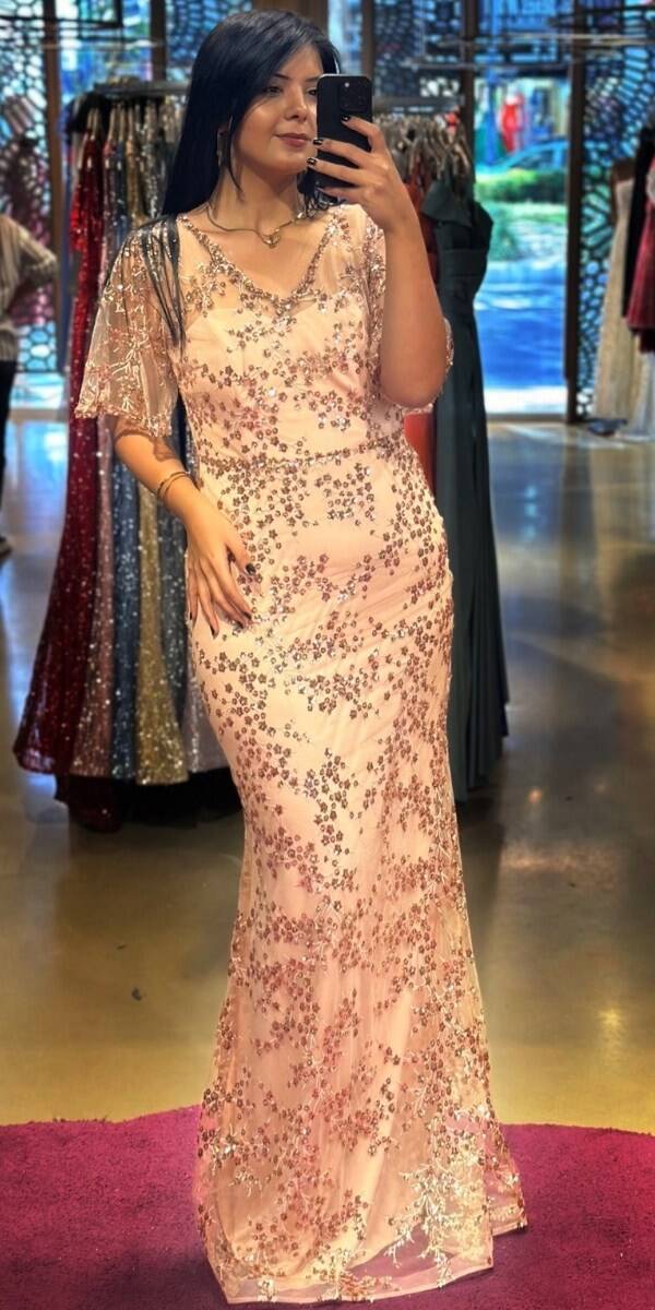 Powder Short Sleeve Straight Cut Glitter Long Evening Dress 6779 - 1