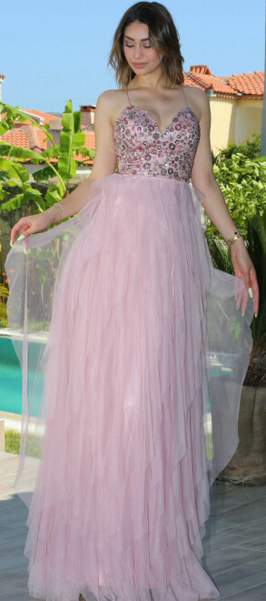 Powder Spaghetti Strap Low-Cut Back Flared Skirt Tulle Long Evening Dress 7527 - abiyeniall