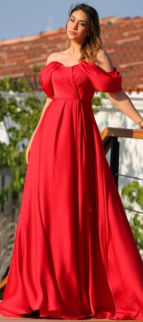 Red Flared Skirt Satin Long Evening Dress 7350 - abiyeniall