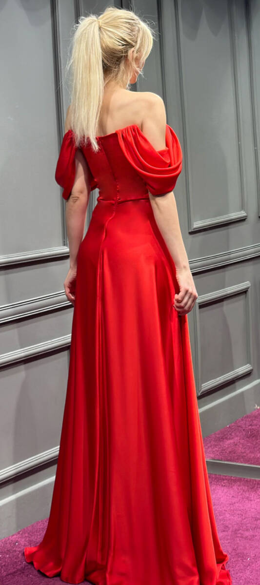 Red Flared Skirt Satin Long Evening Dress 7350 - 5