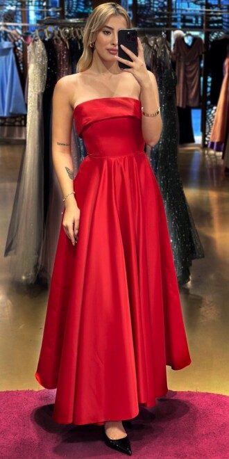 Red Flared Skirt Satin Midi Evening Dress 7647 - abiyeniall