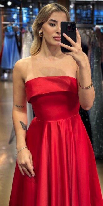 Red Flared Skirt Satin Midi Evening Dress 7647 - 2