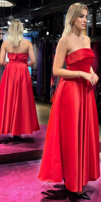 Red Flared Skirt Satin Midi Evening Dress 7647 - 3
