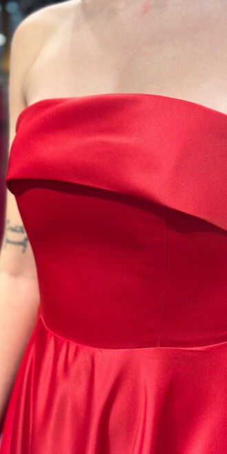 Red Flared Skirt Satin Midi Evening Dress 7647 - 4