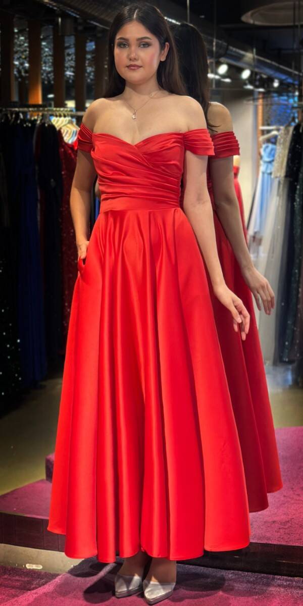 Red Flared Skirt Satin Midi Evening Dress 7672 - 1