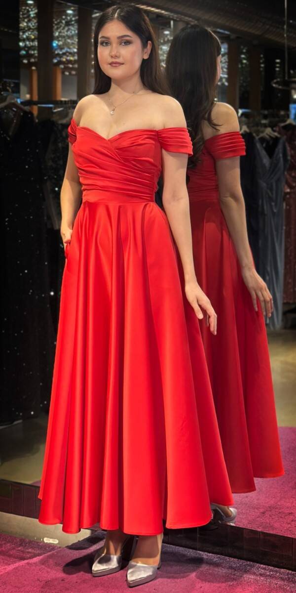Red Flared Skirt Satin Midi Evening Dress 7672 - 3