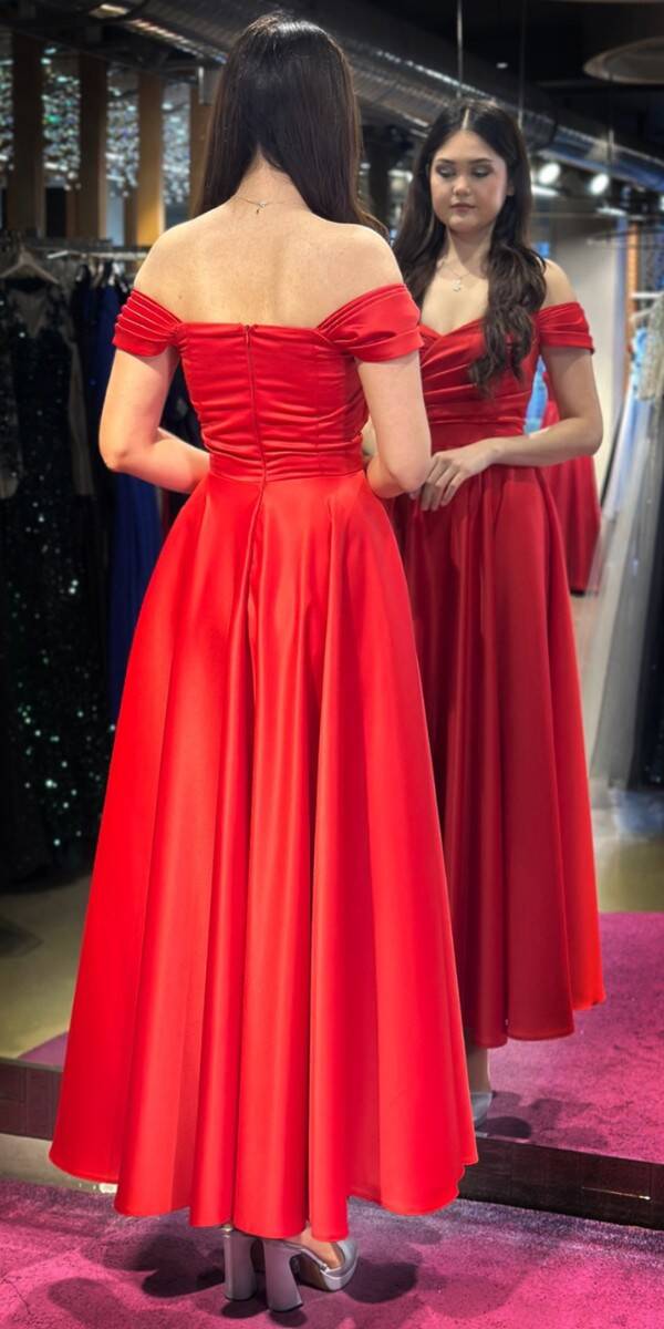 Red Flared Skirt Satin Midi Evening Dress 7672 - 5