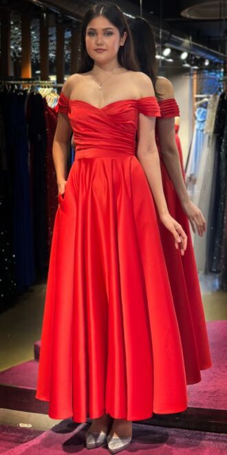 Red Flared Skirt Satin Midi Evening Dress 7672 - 1