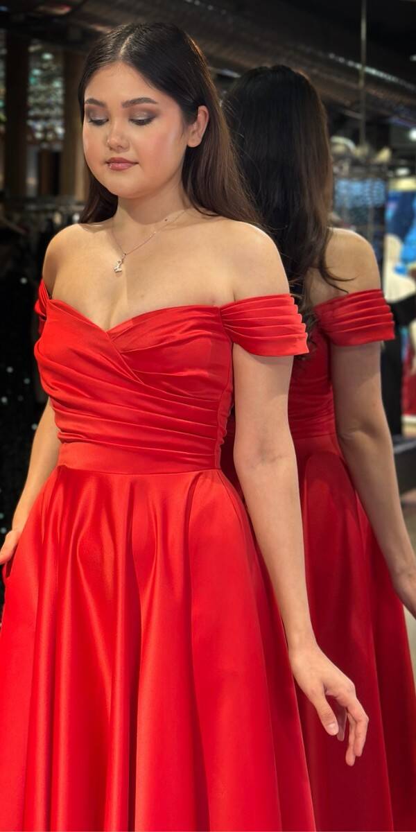 Red Flared Skirt Satin Midi Evening Dress 7672 - 2