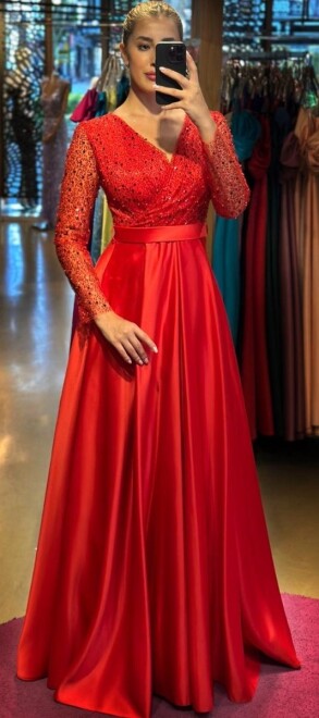 Red Long Sleeve Flared Skirt Satin Long Evening Dress 7453 - 1