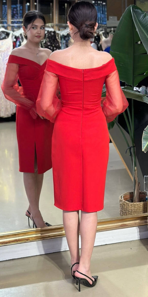 Red Long Sleeve Slit Straight Cut Crepe Midi Evening Dress 7084 - 2