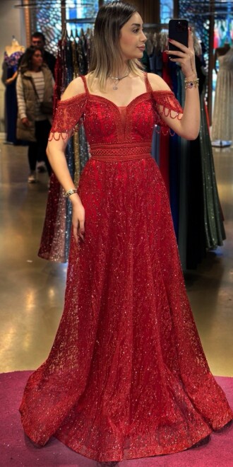 Red Low Sleeve Beaded Flared Skirt Glitter Long Evening Dress 7525 