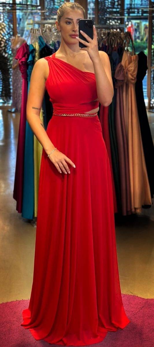 Red One Shoulder Chain Detailed Low-Cut Back Flared Skirt Tulle Long Evening Dress 7436 - 1