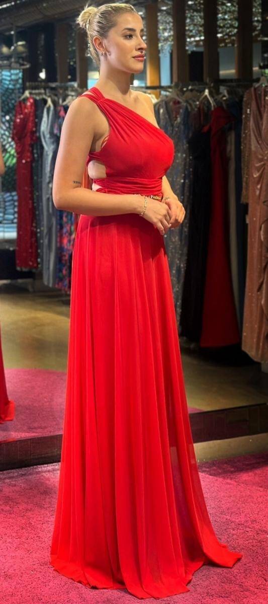 Red One Shoulder Chain Detailed Low-Cut Back Flared Skirt Tulle Long Evening Dress 7436 - 3