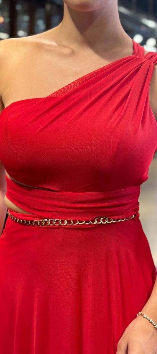 Red One Shoulder Chain Detailed Low-Cut Back Flared Skirt Tulle Long Evening Dress 7436 - 4