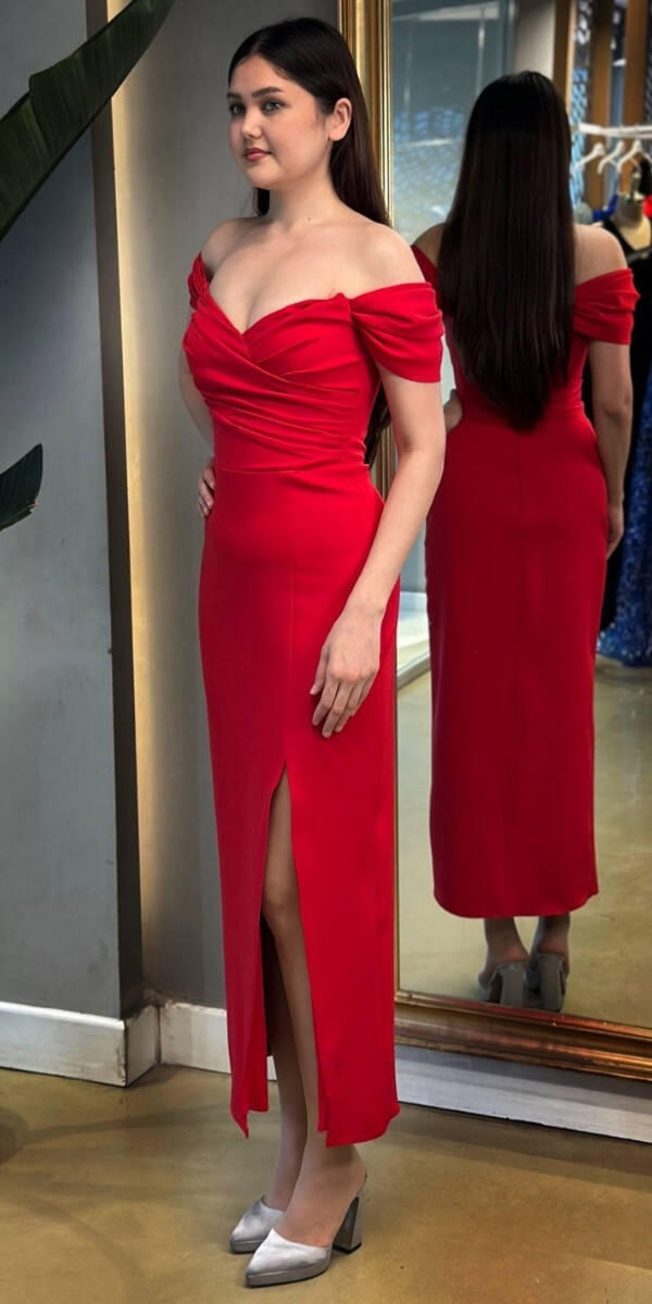 Red Slit Straight Cut Crepe Midi Evening Dress 7696 - 3