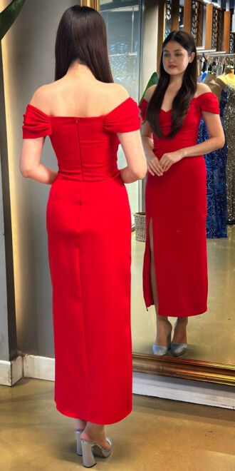 Red Slit Straight Cut Crepe Midi Evening Dress 7696 - 5