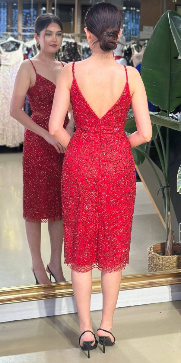 Red Spaghetti Strap Cut Out Waist Straight Cut Glitter Midi Evening Dress 7129 - 2