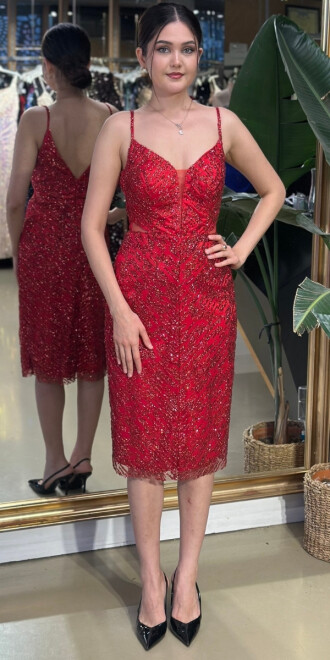 Red Spaghetti Strap Cut Out Waist Straight Cut Glitter Midi Evening Dress 7129 - abiyeniall