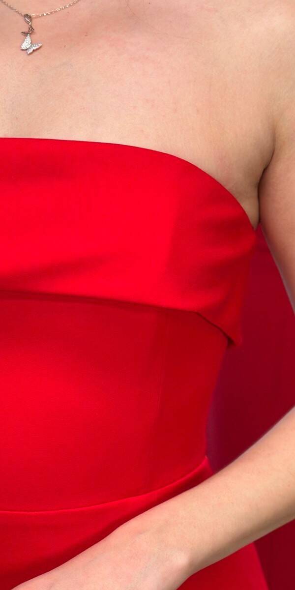 Red Strapless Neckline Slit Straight Cut Crepe Midi Evening Dress 7692 - 4