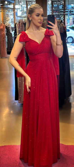 Red Thick Strap Flared Skirt Glitter Fabric Long Evening Dress 7557 
