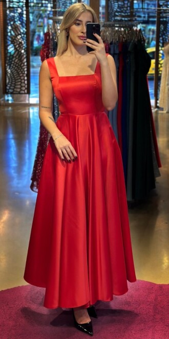 Red Thick Strap Flared Skirt Satin Midi Evening Dress 7631 - abiyeniall