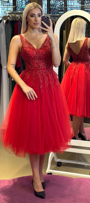 Red Thick Strap Flared Skirt Tulle Midi Evening Dress 7023 - abiyeniall