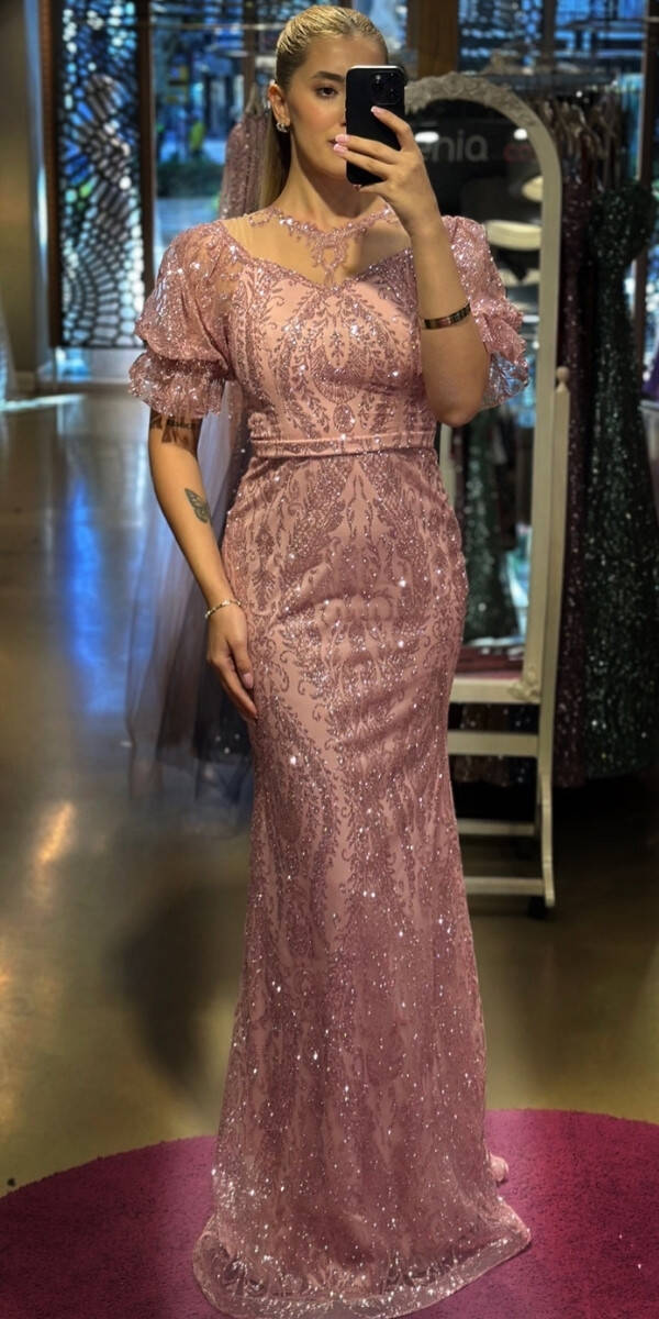 Rose Balloon Sleeve Lace Detailed Straight Cut Glitter Long Evening Dress 7278 - 1
