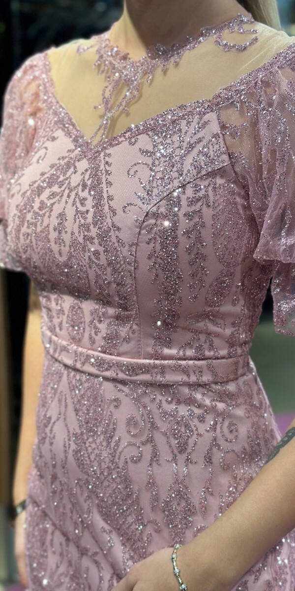 Rose Balloon Sleeve Lace Detailed Straight Cut Glitter Long Evening Dress 7278 - 4
