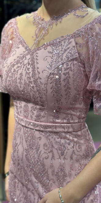 Rose Balloon Sleeve Lace Detailed Straight Cut Glitter Long Evening Dress 7278 - 4