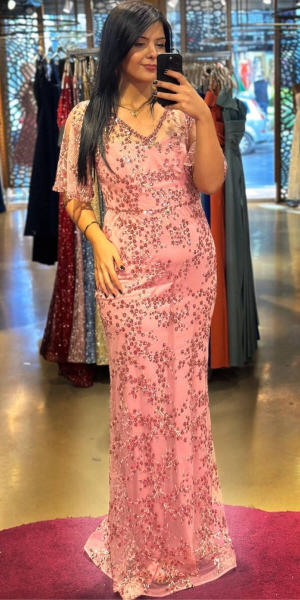 Rose Short Sleeve Straight Cut Glitter Long Evening Dress 6779 - 1