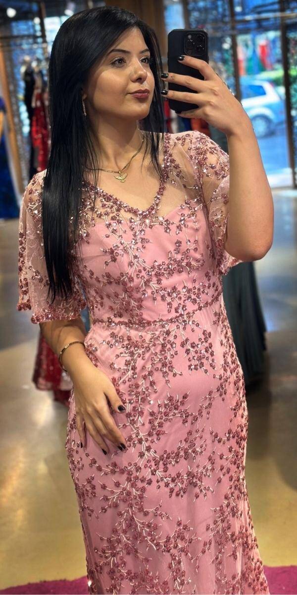 Rose Short Sleeve Straight Cut Glitter Long Evening Dress 6779 - 2