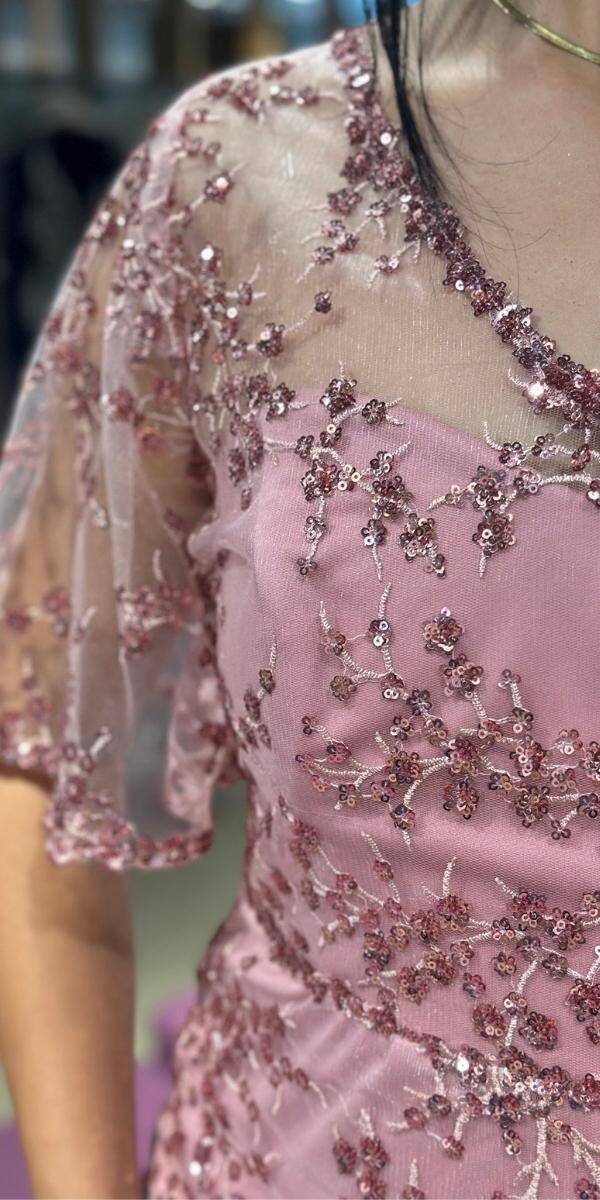 Rose Short Sleeve Straight Cut Glitter Long Evening Dress 6779 - 4