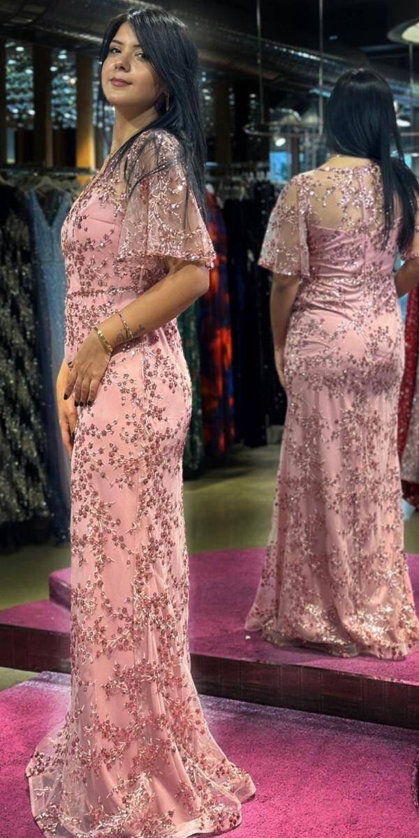 Rose Short Sleeve Straight Cut Glitter Long Evening Dress 6779 - 3