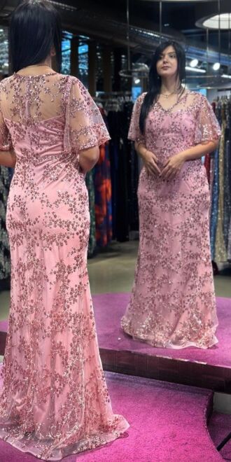 Rose Short Sleeve Straight Cut Glitter Long Evening Dress 6779 - 5