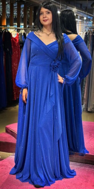 Saxe Blue Long Sleeve Floral Detailed Flared Skirt Glitter Long Evening Dress 7656 - abiyeniall